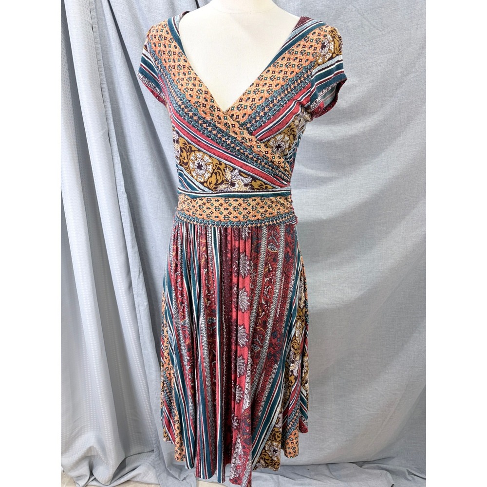 Maeve Mixed Stripe Floral Midi Dress in Red, Teal & Mustard